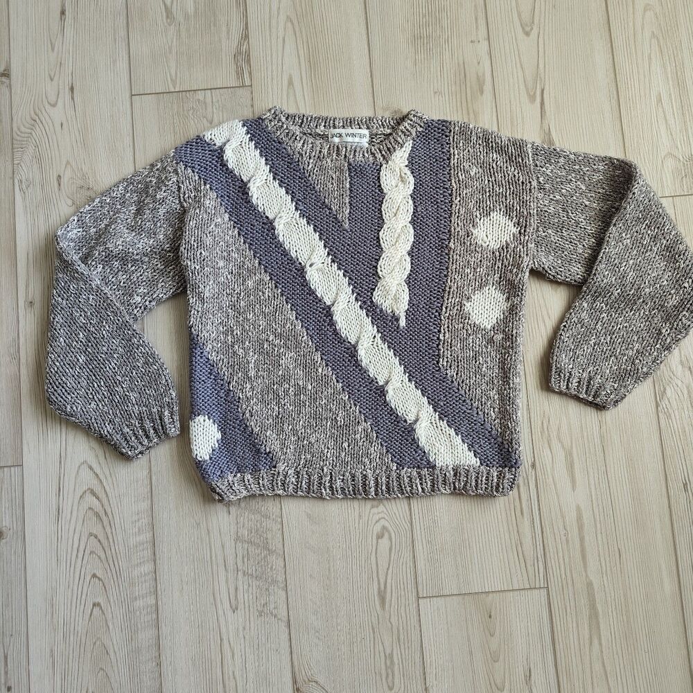 Vtg Wmns Jack Winter Cable Knit Sweater Colorblock Geometric Grandpa Core 80-90s